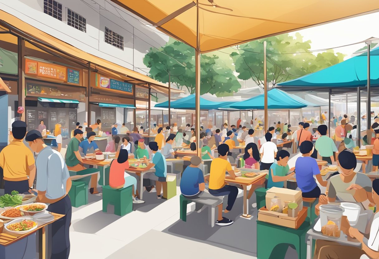 A bustling hawker center in Singapore during lunchtime, with a colorful array of food stalls and people enjoying their meals at outdoor tables