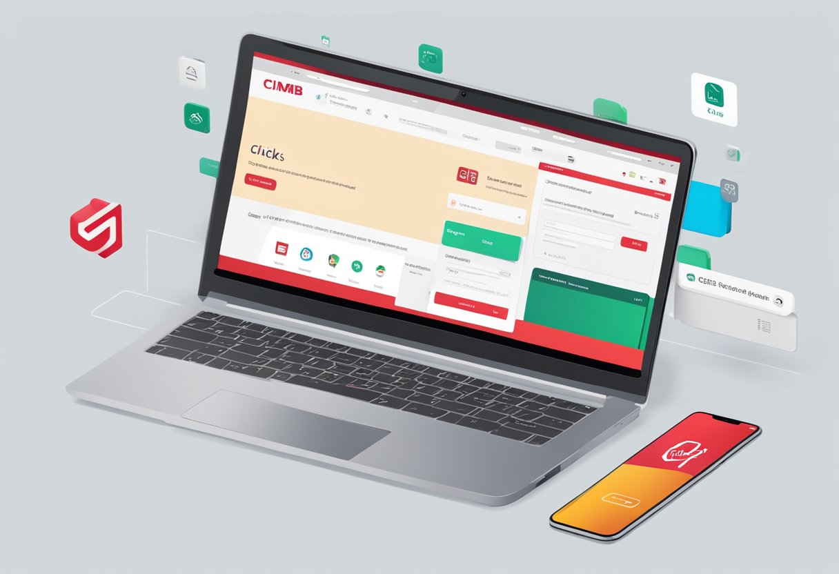 A laptop displaying the CIMB Clicks homepage with a cursor hovering over the login button. A smartphone with the CIMB Clicks app is placed next to the laptop