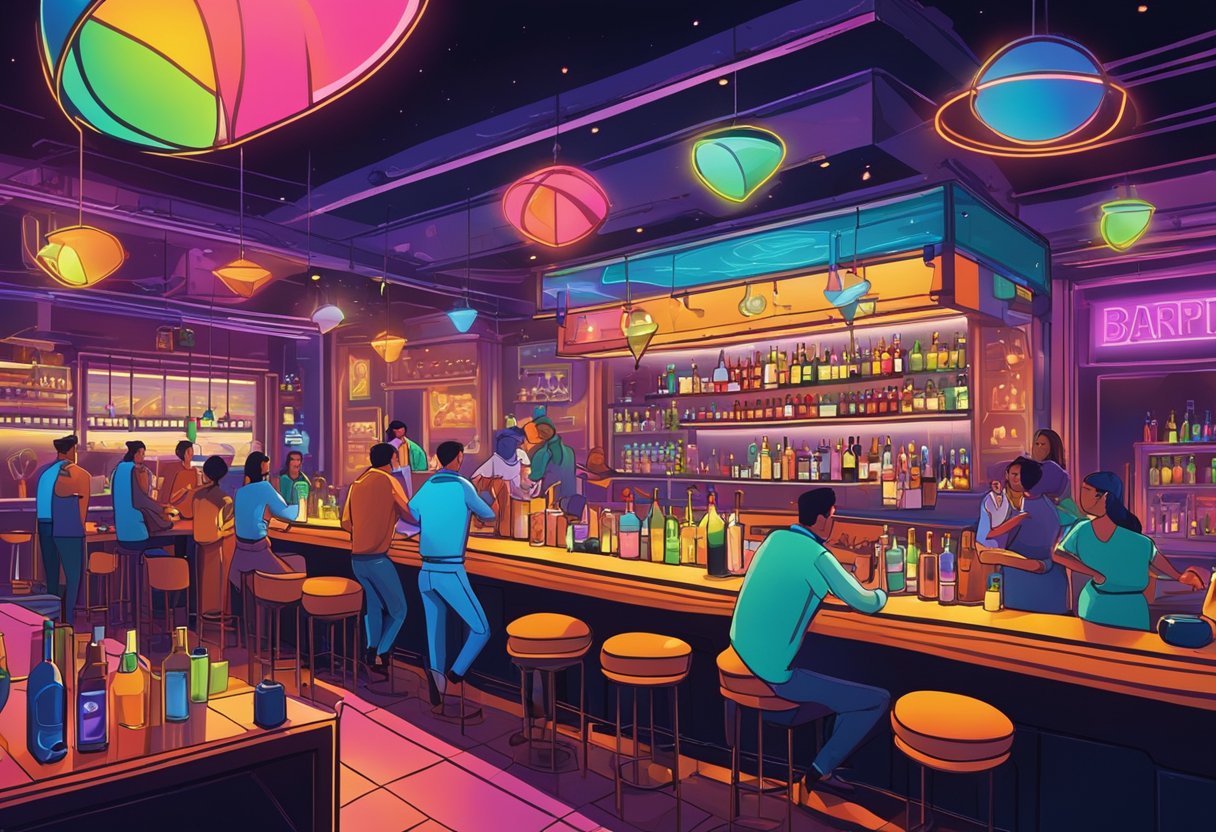 A bustling bar with colorful cocktails, happy patrons, and a lively atmosphere. Neon signs illuminate the space, while bartenders expertly mix drinks