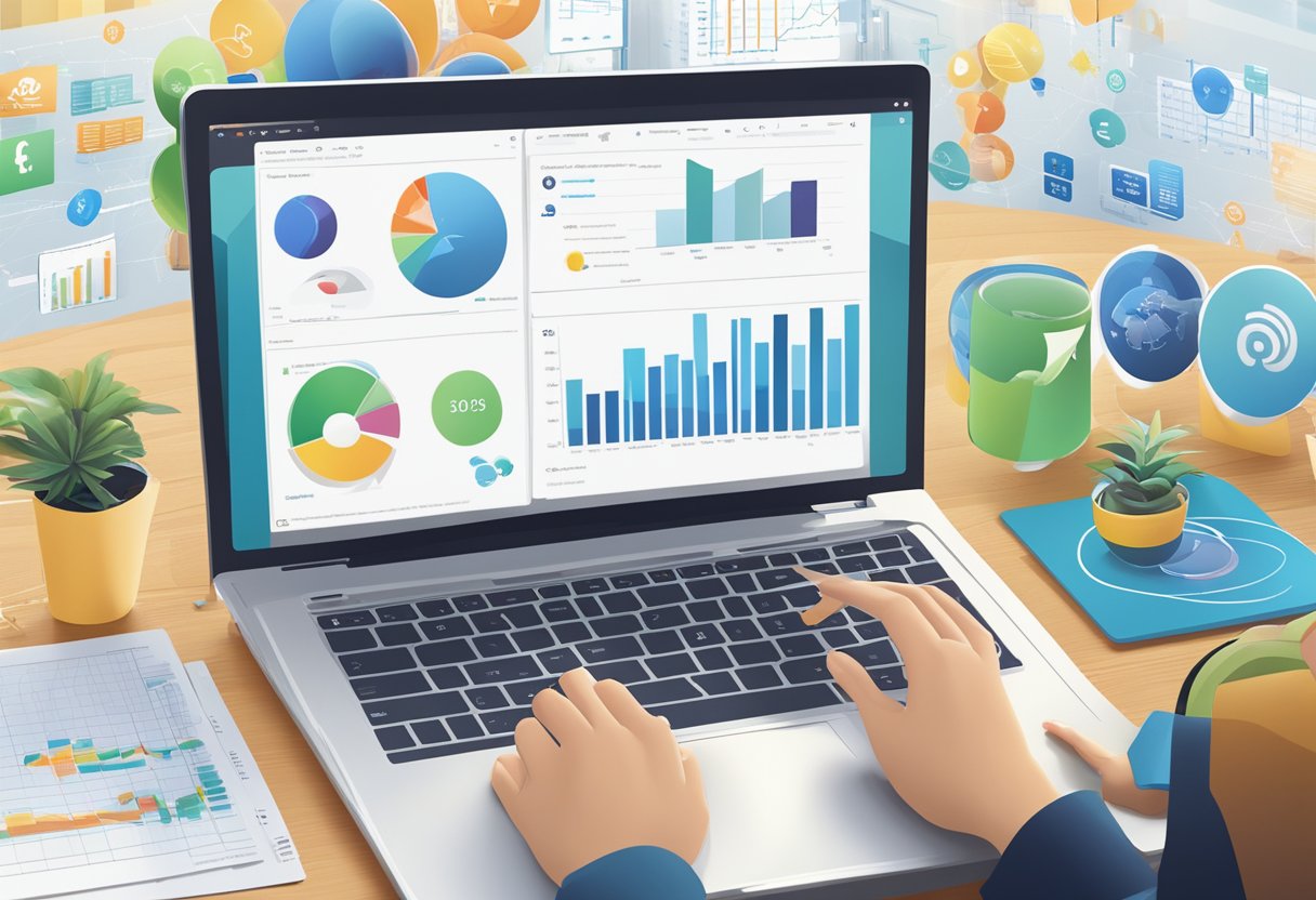 A person comparing broadband plans on a laptop, surrounded by charts, graphs, and various internet service provider logos