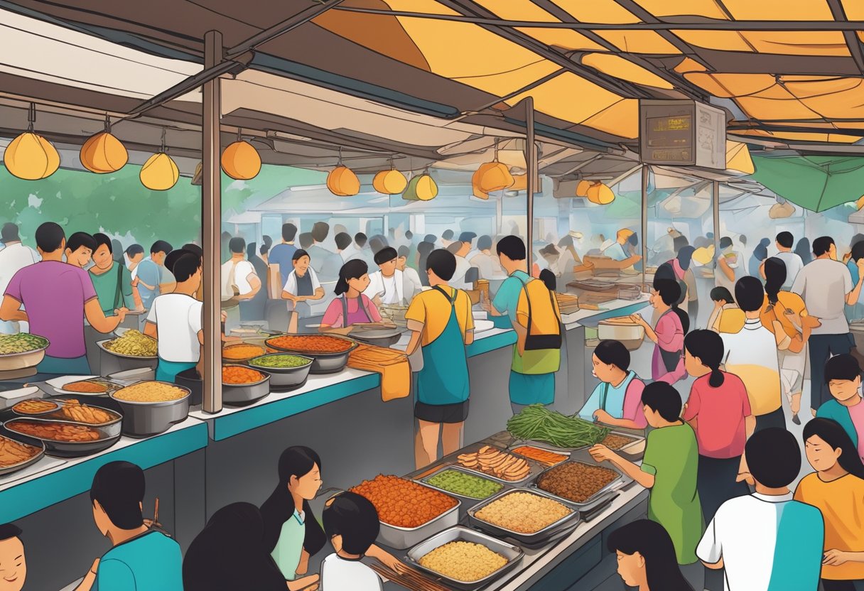 A bustling hawker center in Singapore, filled with colorful stalls offering a diverse array of local and international lunch options. The aroma of sizzling meats, fragrant spices, and fresh herbs fills the air
