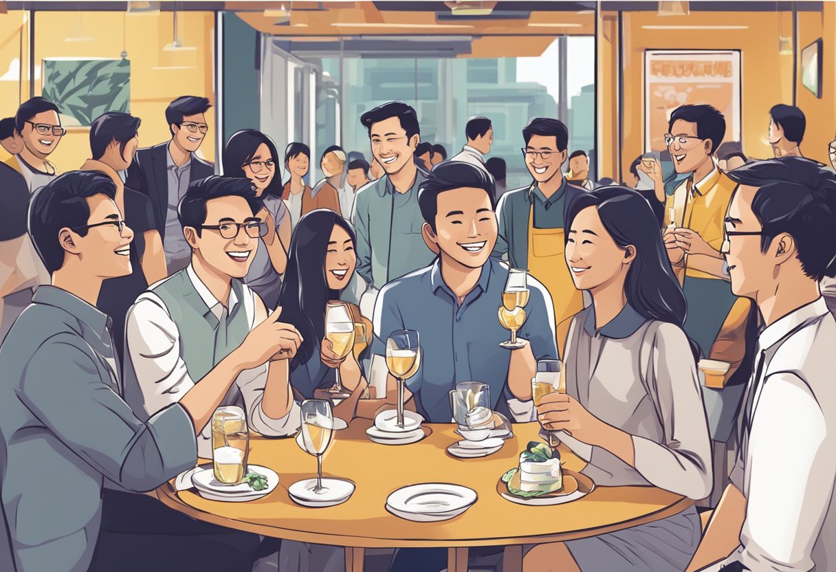 A group of people in a lively and engaging atmosphere, with the words "Frequently Asked Questions" and "cheers singapore" prominently displayed