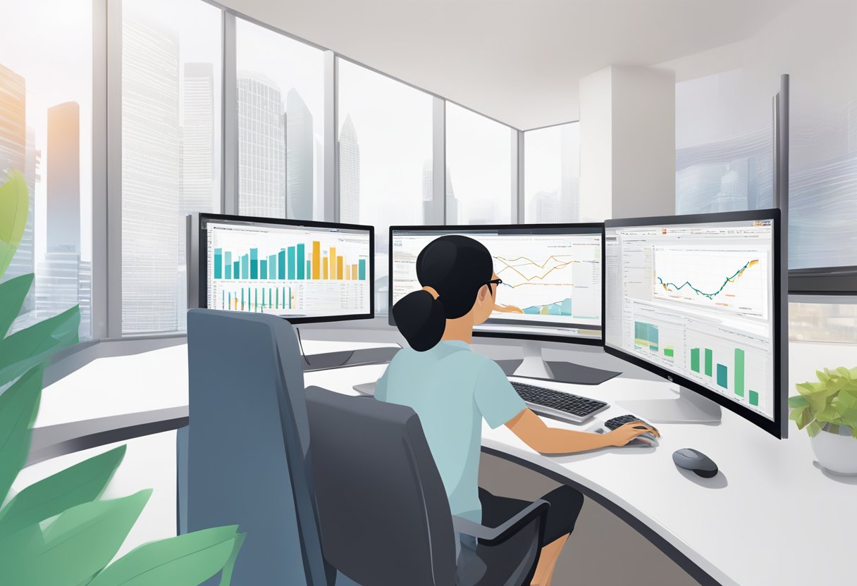 A person using a computer to access the CIMB Click Singapore website, with financial charts and graphs displayed on the screen
