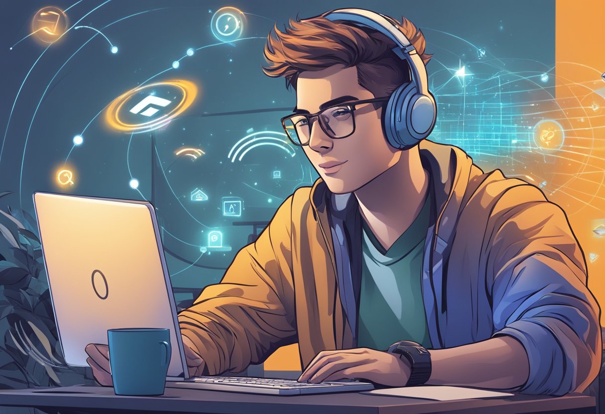 A person sitting in front of a computer, surrounded by high-speed internet symbols and streaming content, with a satisfied expression on their face