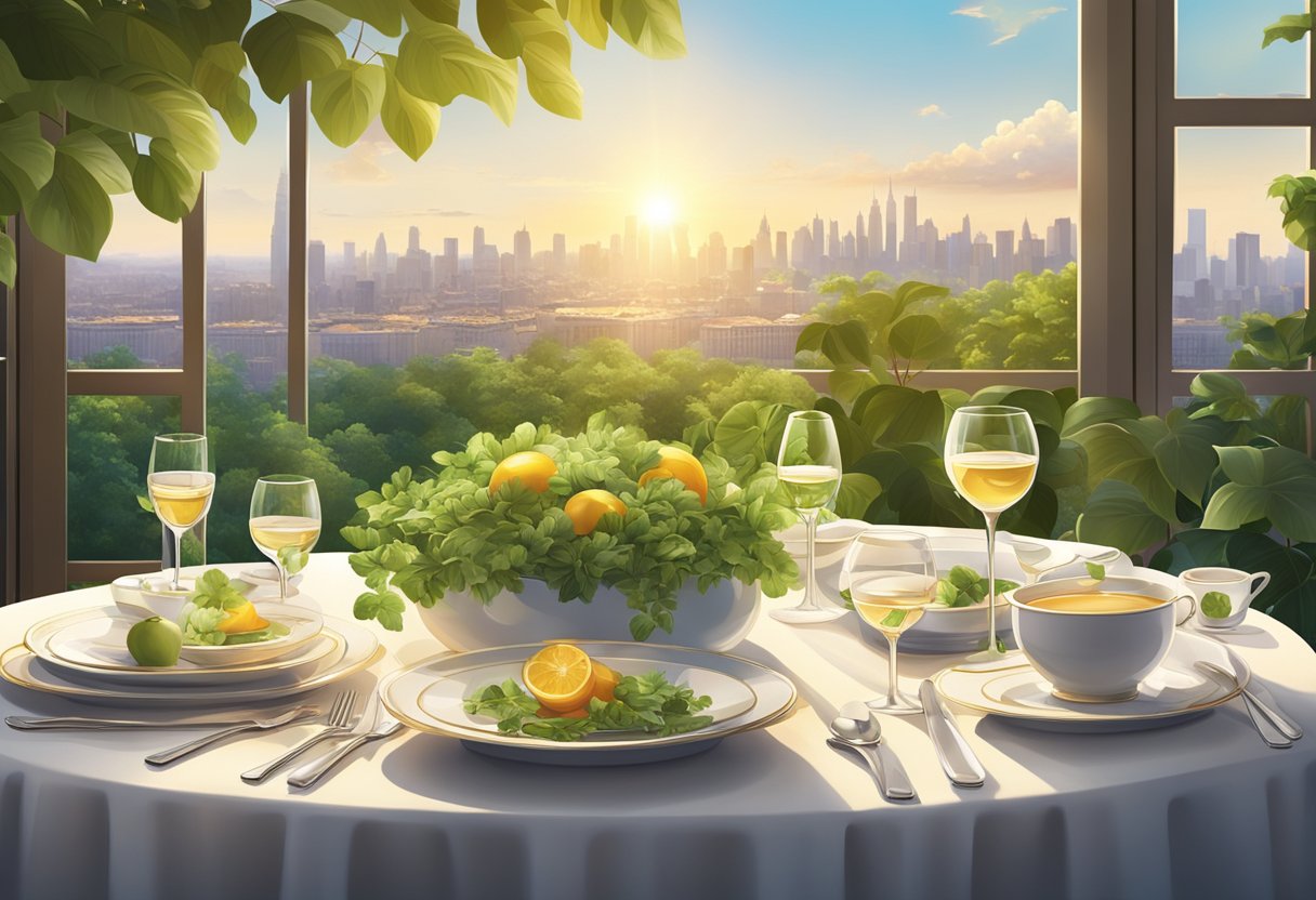 A table set with elegant tableware, surrounded by lush greenery and overlooking a city skyline, with the sun casting a warm glow on the scene