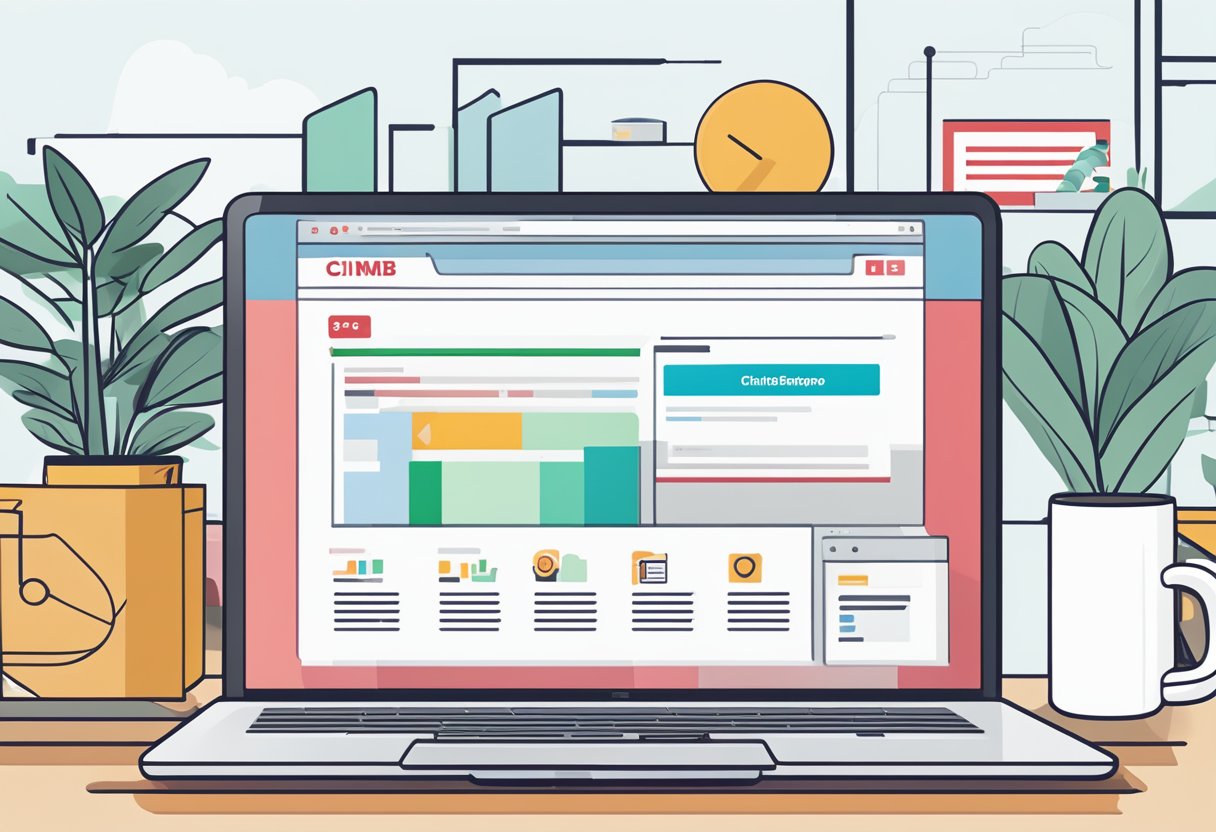 A laptop displaying the Cimb Click Singapore website with a list of frequently asked questions and a mouse hovering over the screen