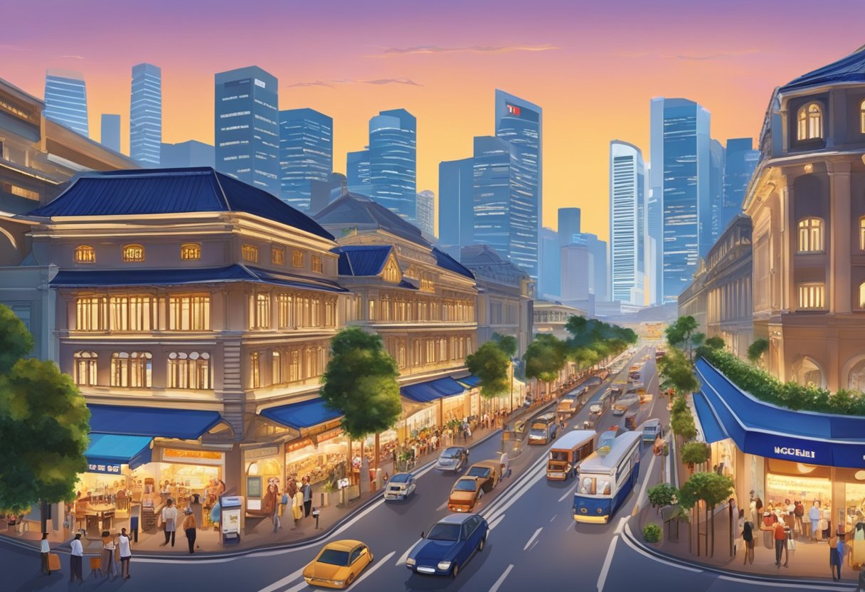 A bustling Singapore street lined with Michelin-starred restaurants, each exuding elegance and culinary excellence. Brightly lit signs and bustling crowds create a vibrant atmosphere