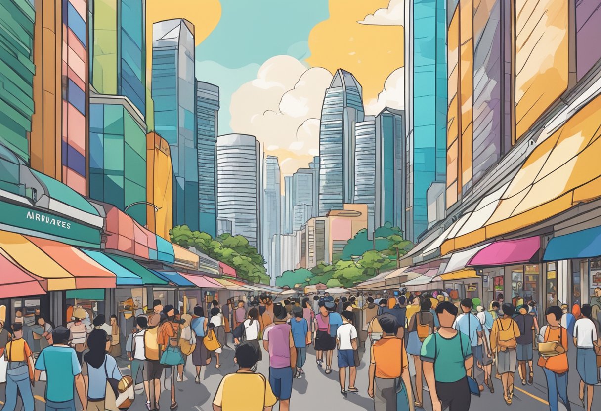 A bustling street in Singapore, with colorful shopfronts and bustling crowds. The iconic skyline looms in the background, with the famous Marina Bay Sands visible in the distance