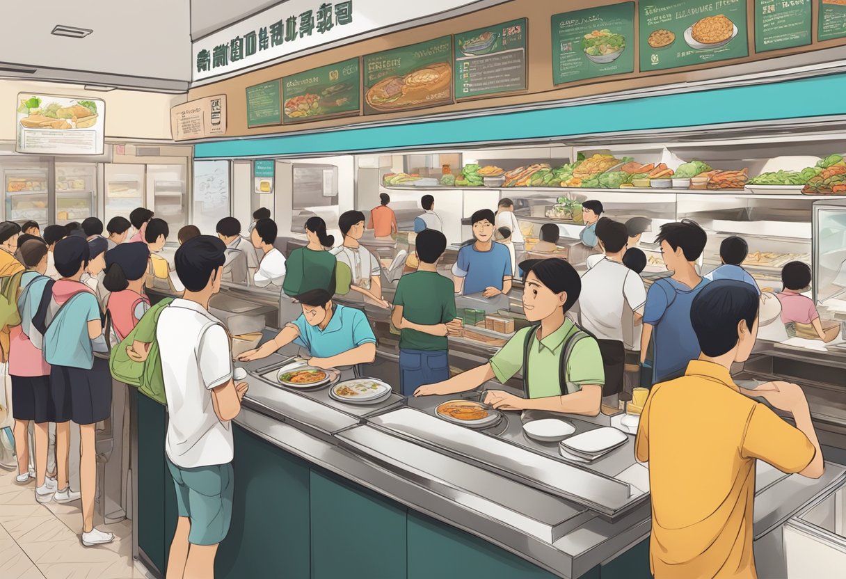 A crowded lunch spot in Singapore with people lining up to ask questions at a counter. The menu and signage are prominently displayed