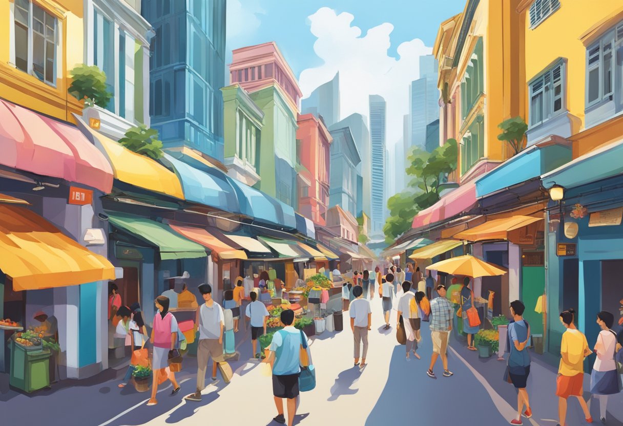 The bustling streets of Singapore are filled with colorful buildings, bustling markets, and lively street performers, creating a vibrant and dynamic cityscape