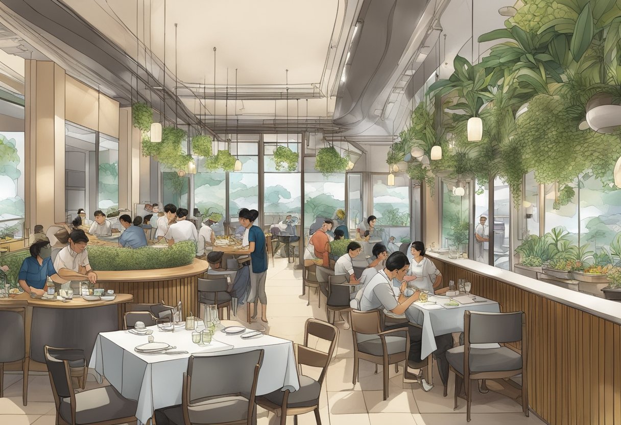 A bustling Michelin-starred restaurant in Singapore showcases sustainable and accessible gastronomy, with locally sourced ingredients and wheelchair-friendly facilities