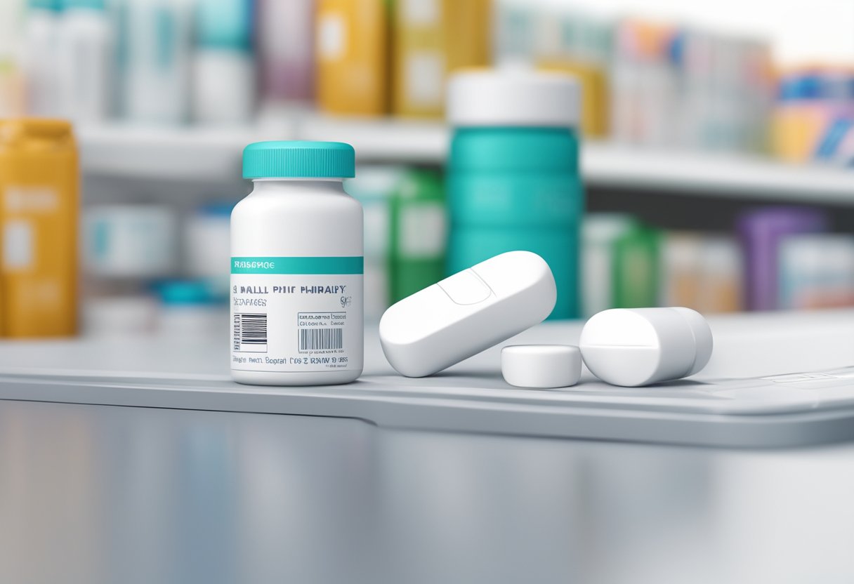 A small white pill sits on a pharmacy counter in Singapore, surrounded by packaging and a price tag