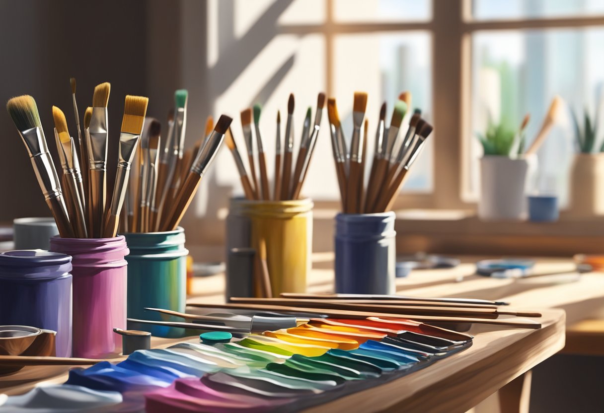 A colorful palette of paintbrushes and tubes of paint arranged on a wooden artist's table in a sunlit studio in Singapore