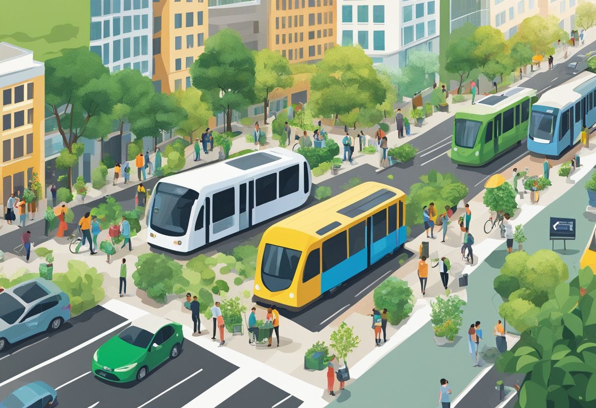 A bustling city street with modern buildings, lush greenery, and people using public transportation. Recycling bins and solar panels are visible, showcasing the city's commitment to sustainability