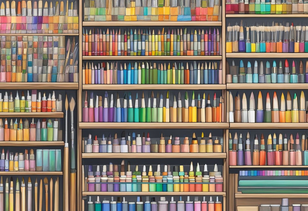 A colorful array of art supplies lines the shelves at Art Friend Singapore, with paintbrushes, canvases, and sketchbooks inviting exploration