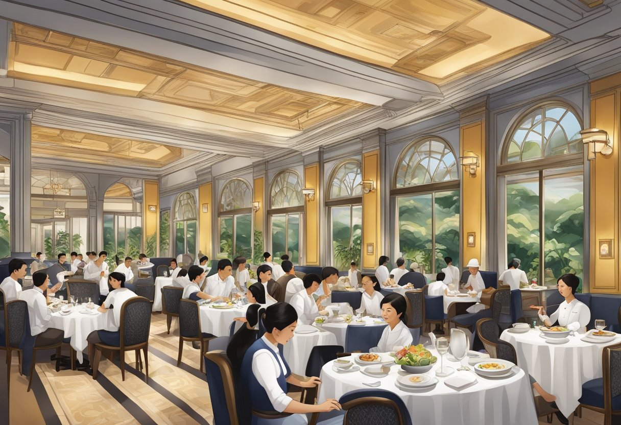 A bustling Michelin-starred restaurant in Singapore, with elegant decor and attentive staff serving exquisite dishes to discerning diners