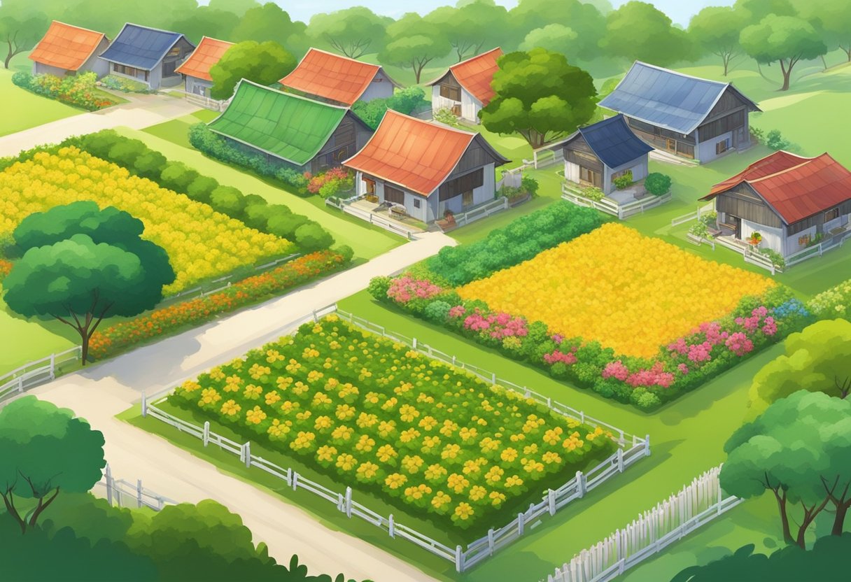 Lush green fields surround quaint farmhouses in Little Farms, Singapore. A gentle breeze rustles the leaves of fruit trees, while colorful flowers bloom in the gardens