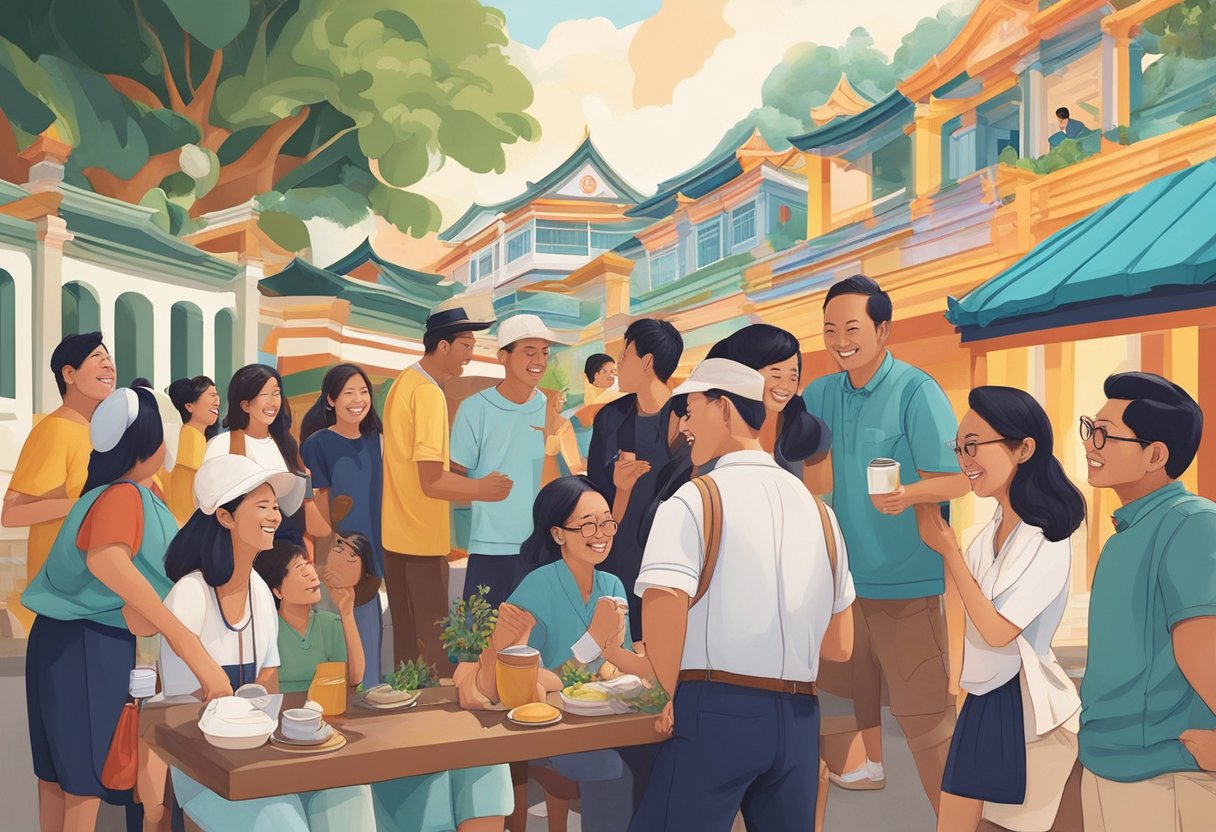 A group of diverse individuals gather around a vibrant mural, laughing and sharing stories. The artwork depicts the rich culture and heritage of Singapore, creating a sense of unity and community