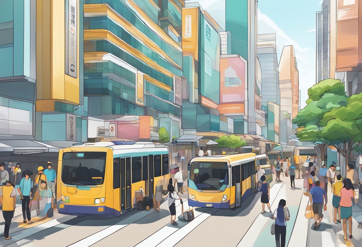 A bustling city street with people using the MySejahtera app on their smartphones in Singapore