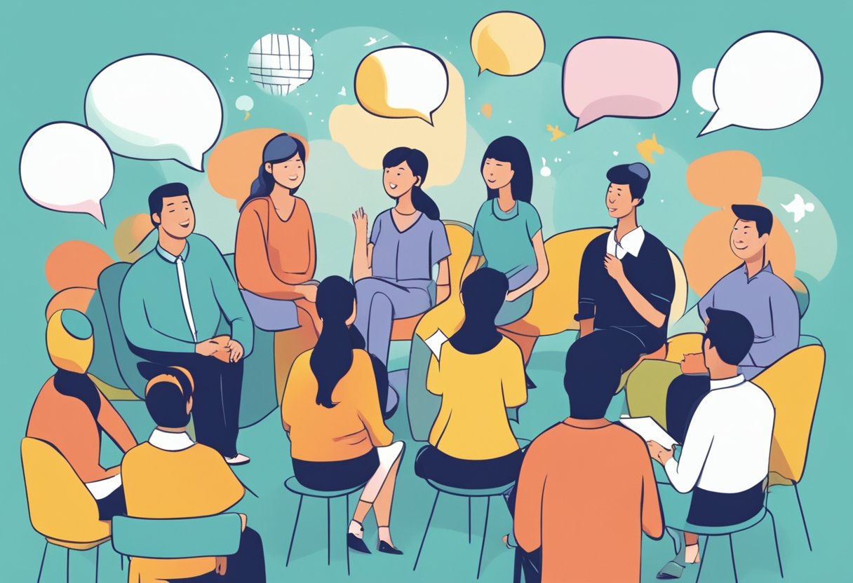 A colorful illustration of a group of people in Singapore engaging in a lively discussion, with speech bubbles containing frequently asked questions floating above their heads