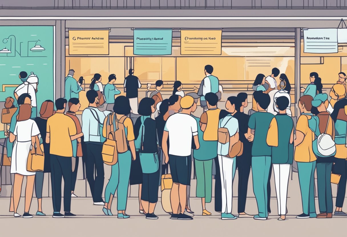 A crowd of people standing in line, with a sign reading "Frequently Asked Questions" at a venue in Singapore