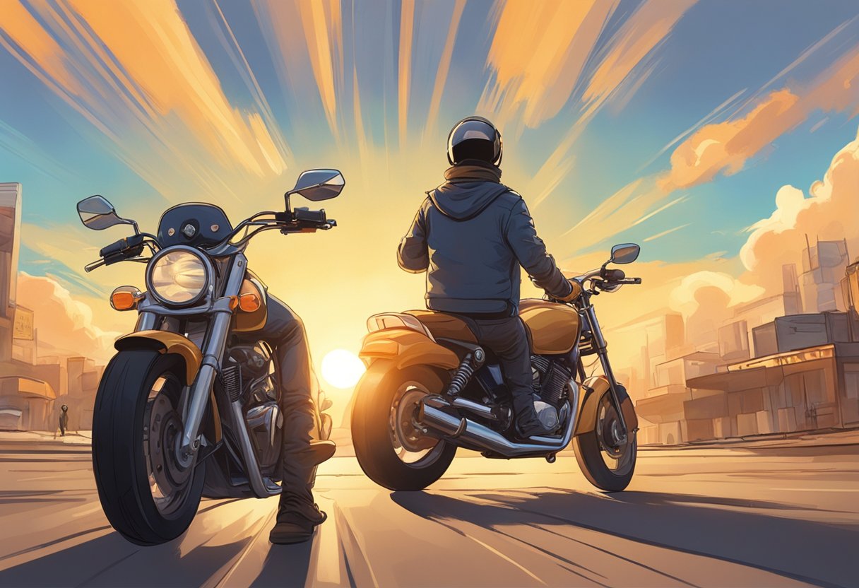 A person sits on a motorcycle, holding their motorcycle license, while an instructor stands nearby, giving them instructions. The sun shines overhead, casting a warm glow on the scene