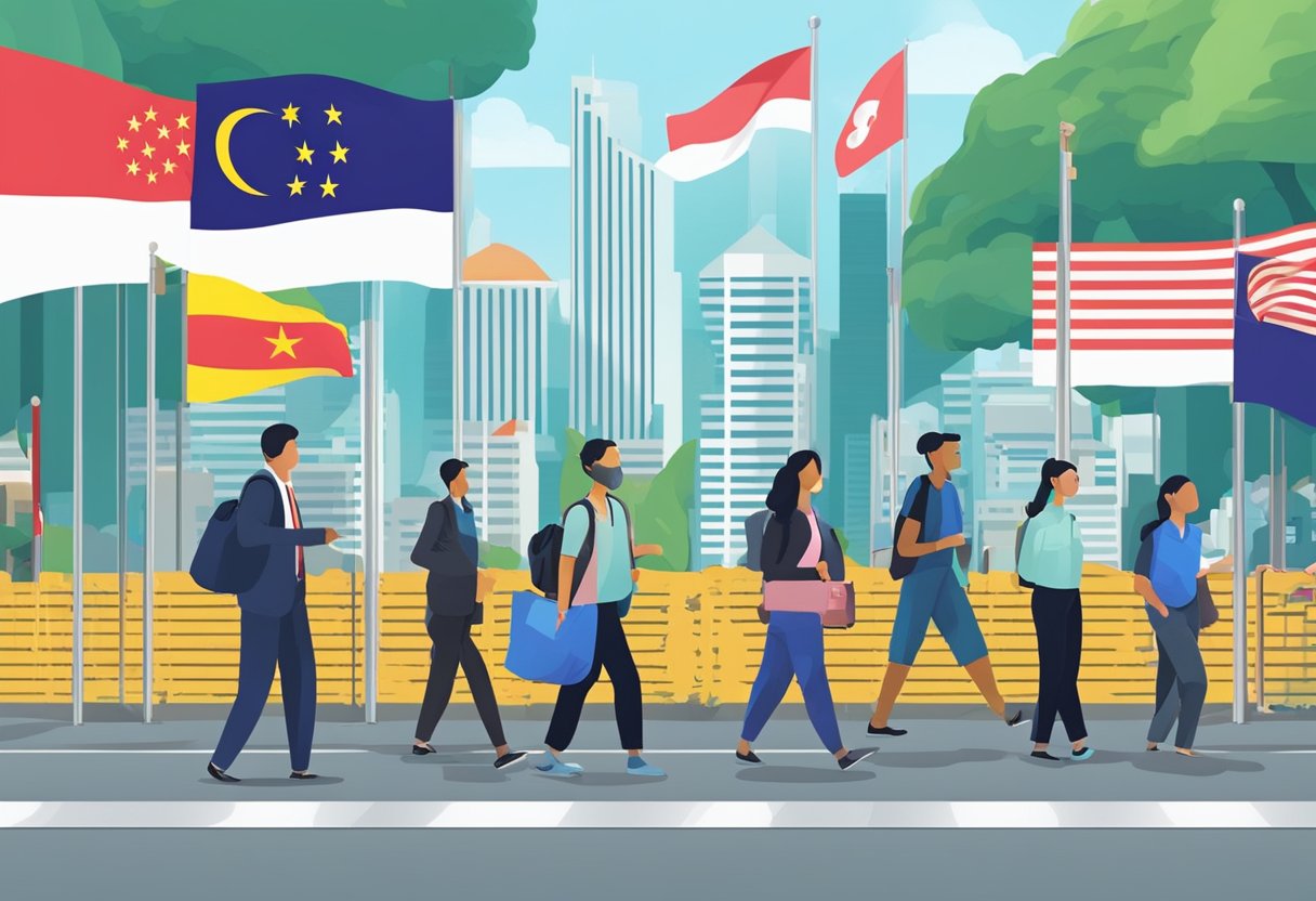 People crossing border, showing MySejahtera app to authorities. Singapore and Malaysia flags in background