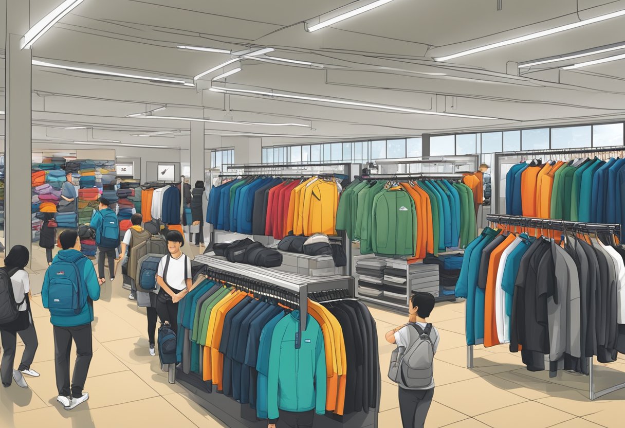 The North Face factory outlet in Singapore bustles with shoppers and staff, displaying racks of outdoor clothing and gear