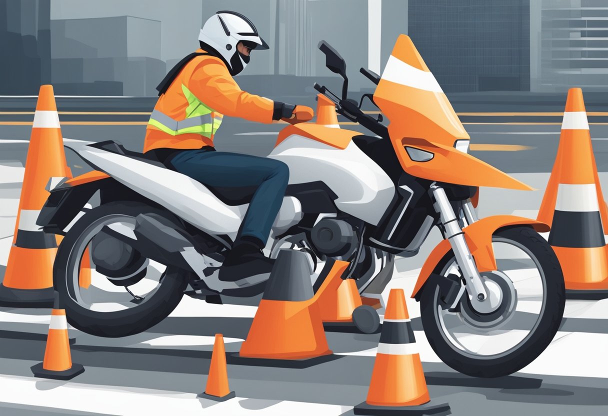 A person riding a motorcycle through a series of traffic cones, demonstrating control and precision. A traffic officer looks on, observing the rider's skill