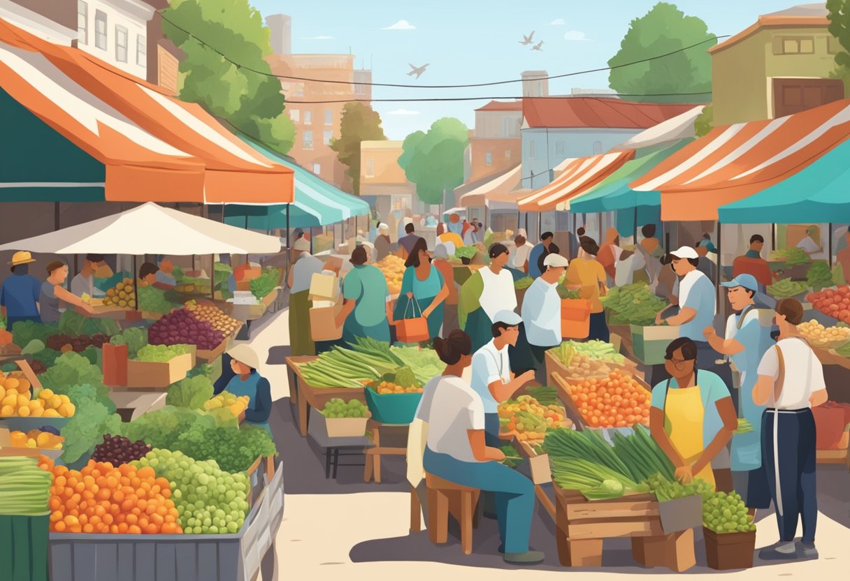 A bustling market with small farm stands, customers asking questions, and vendors sharing information about their products