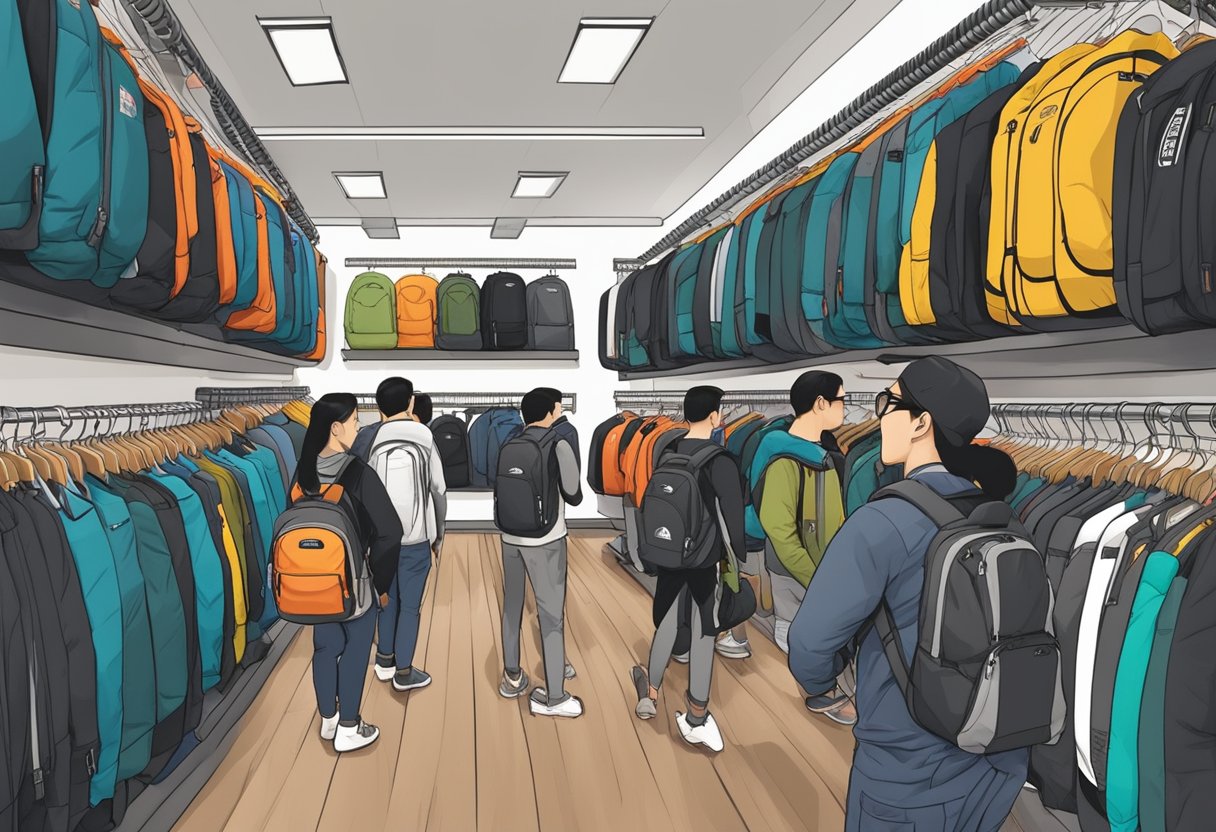 Customers browse racks of discounted North Face gear at the bustling outlet store in Singapore