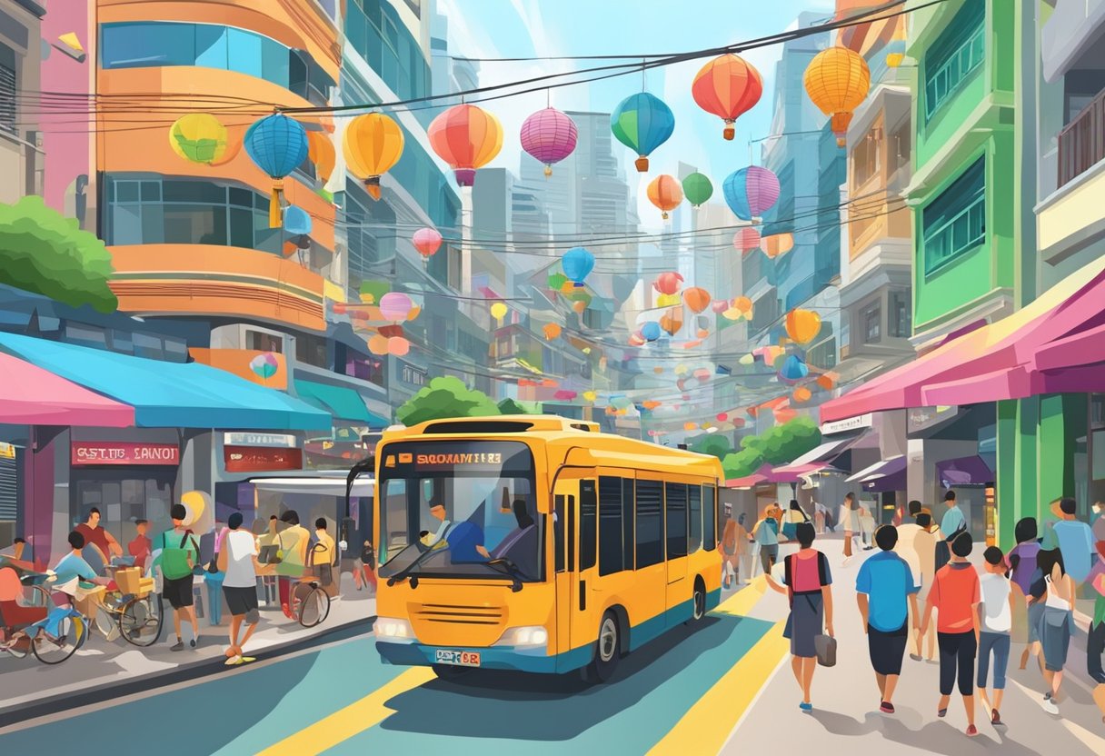 A bustling street in Singapore, with colorful buildings and vibrant signs. People and vehicles move through the crowded space, creating a lively atmosphere