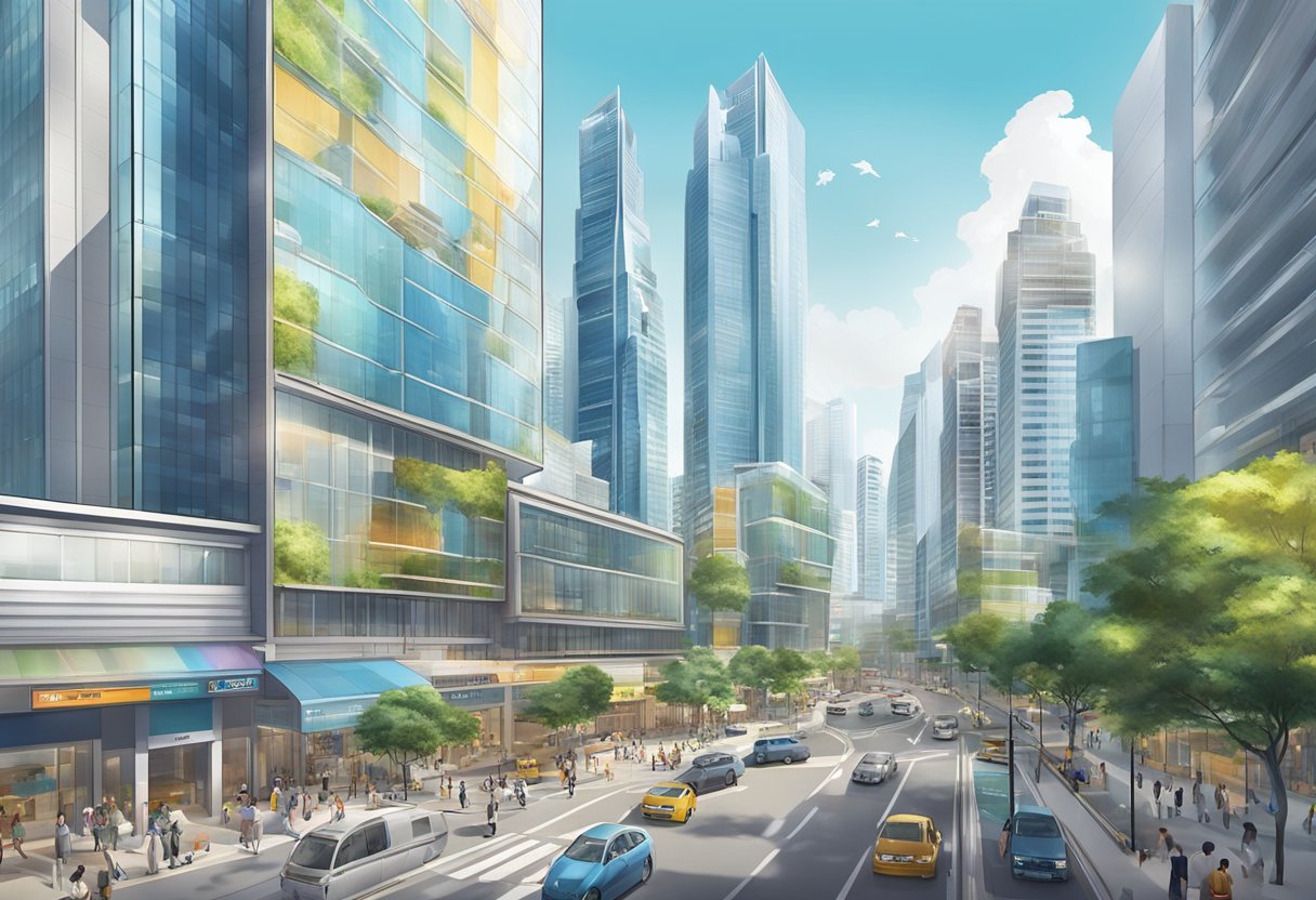 A bustling cityscape with modern skyscrapers and vibrant street life in BDO Singapore