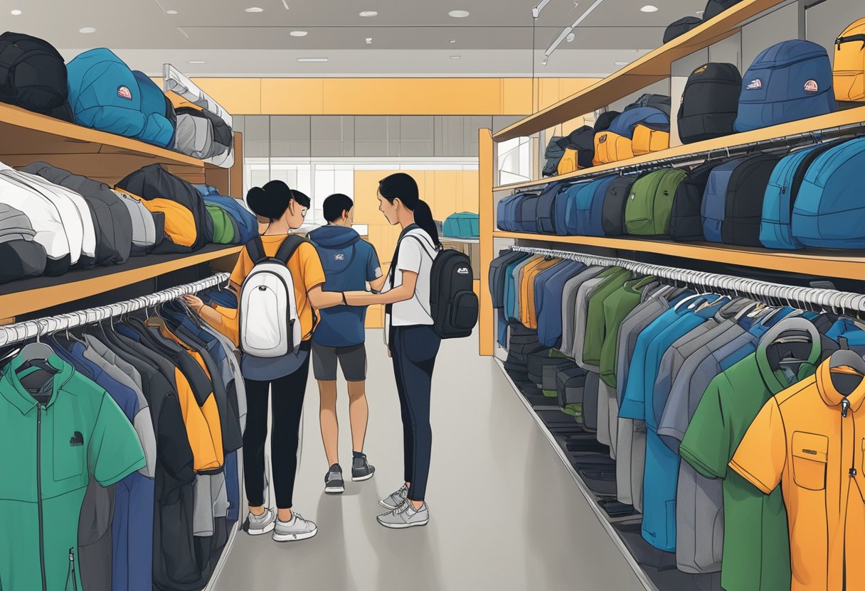 Customers browsing racks of discounted outdoor gear at North Face factory outlet in Singapore. Staff assisting with inquiries