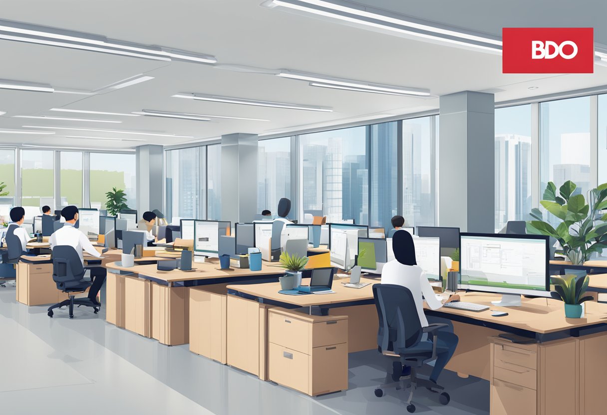 A modern office setting with the BDO Singapore logo prominently displayed, surrounded by professional staff working at their desks