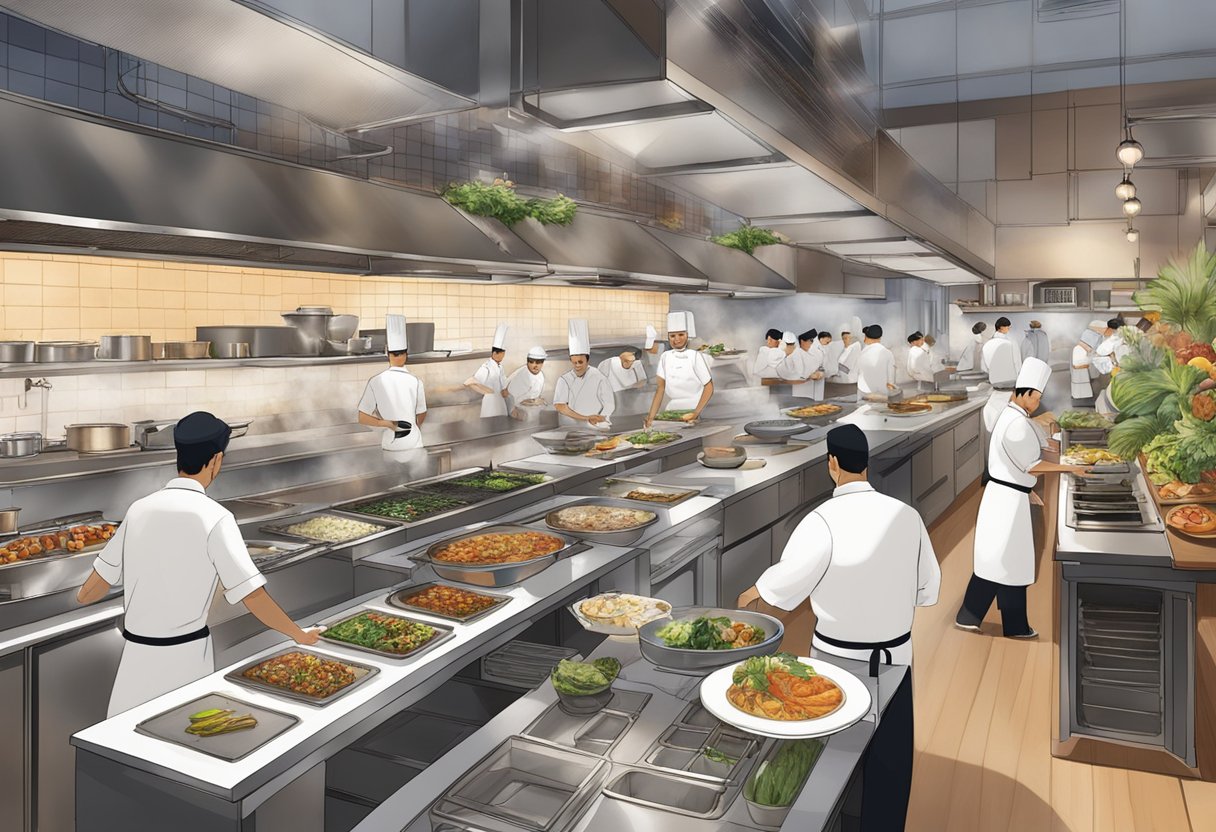Aniba's Culinary Experience: A bustling open kitchen with chefs preparing vibrant dishes, surrounded by diners enjoying exotic flavors and aromas