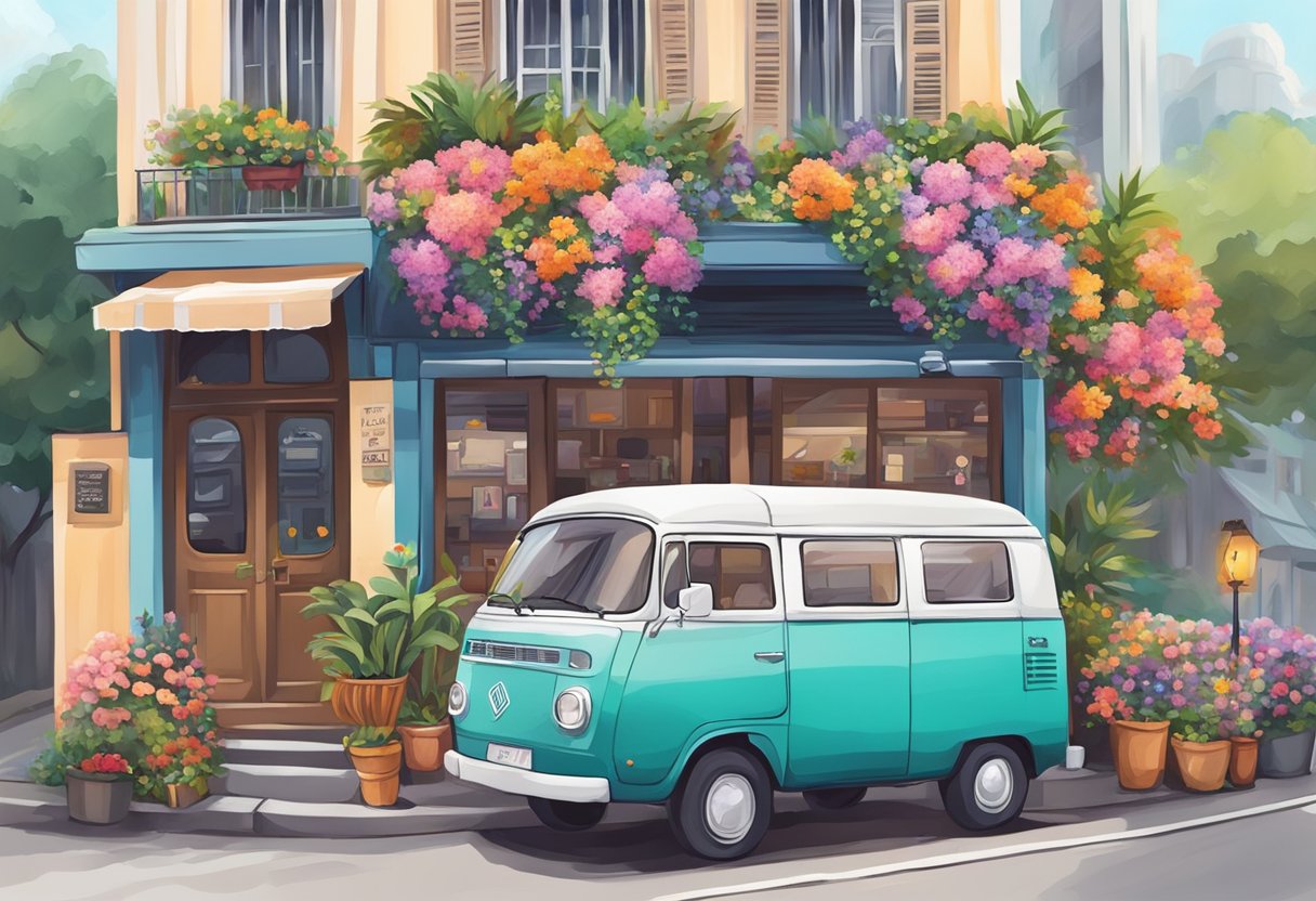 A cozy cafe with colorful blooms, nestled in bustling Singapore. A delivery van parked outside, adorned with vibrant flowers