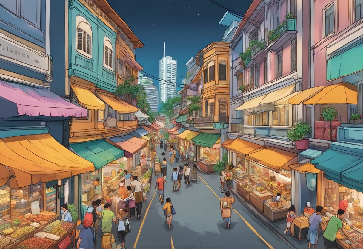 A bustling street in Singapore, lined with colorful shop houses and bustling with activity. The air is filled with the aroma of sizzling street food and the sound of chatter and laughter