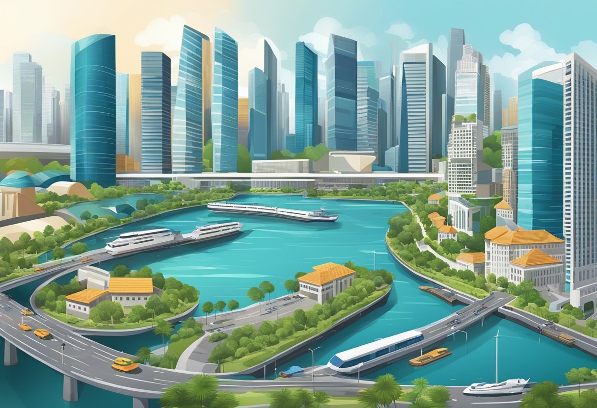 A bustling city skyline with modern buildings and busy streets, showcasing the dynamic and fast-paced nature of the business and industry in Singapore