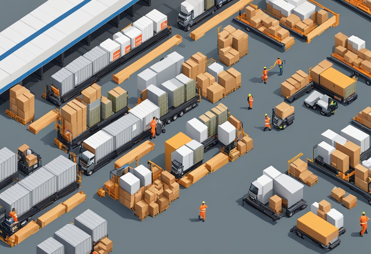 A bustling warehouse with DB Schenker Singapore trucks loading and unloading cargo, workers moving pallets, and forklifts zipping around