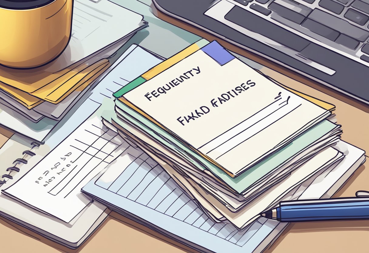 A stack of question cards with "Frequently Asked Questions" on a table, surrounded by a laptop, pen, and notepad