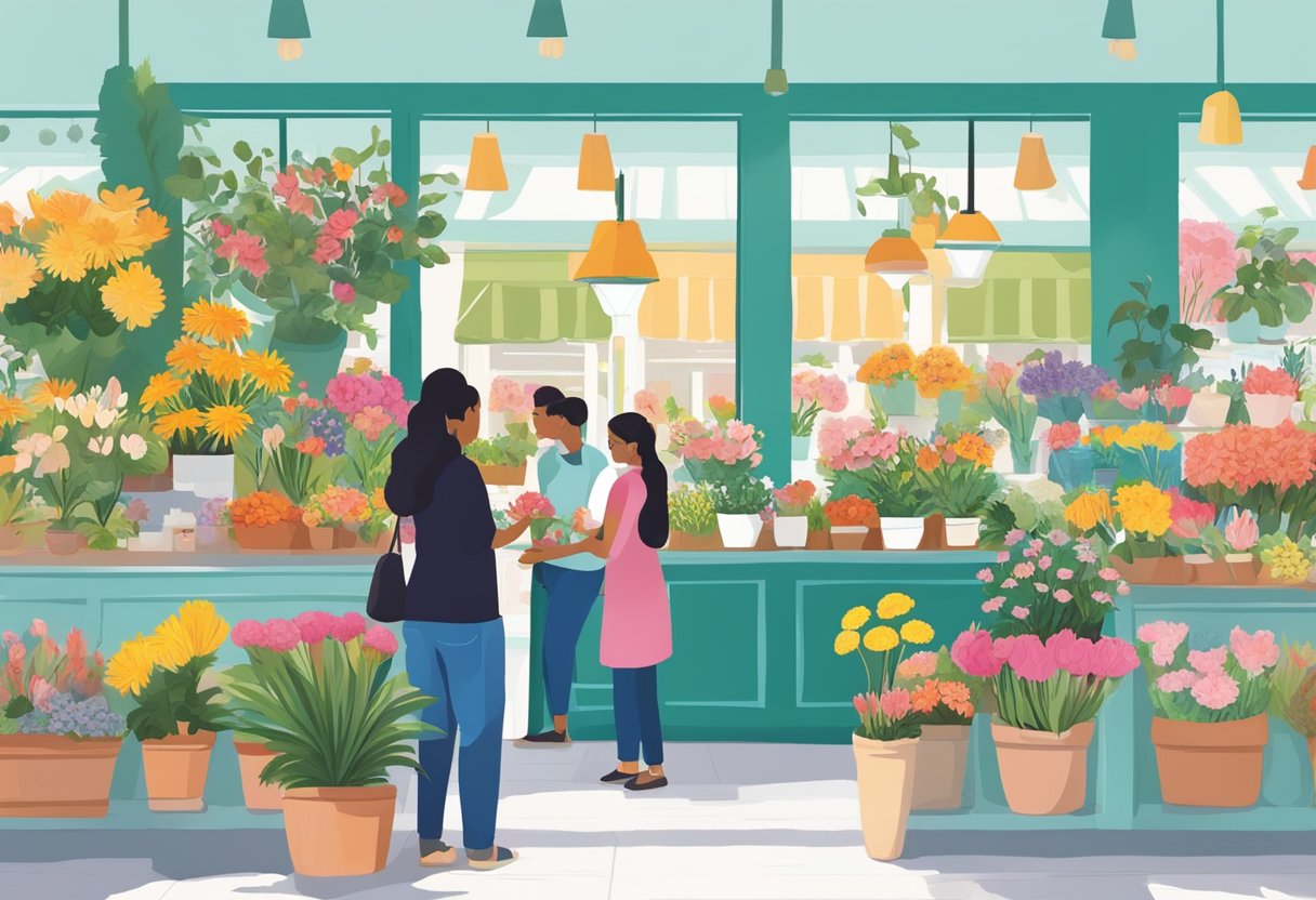 Customers browsing colorful blooms at Nicole's Flower Cafe, with vibrant arrangements and potted plants on display