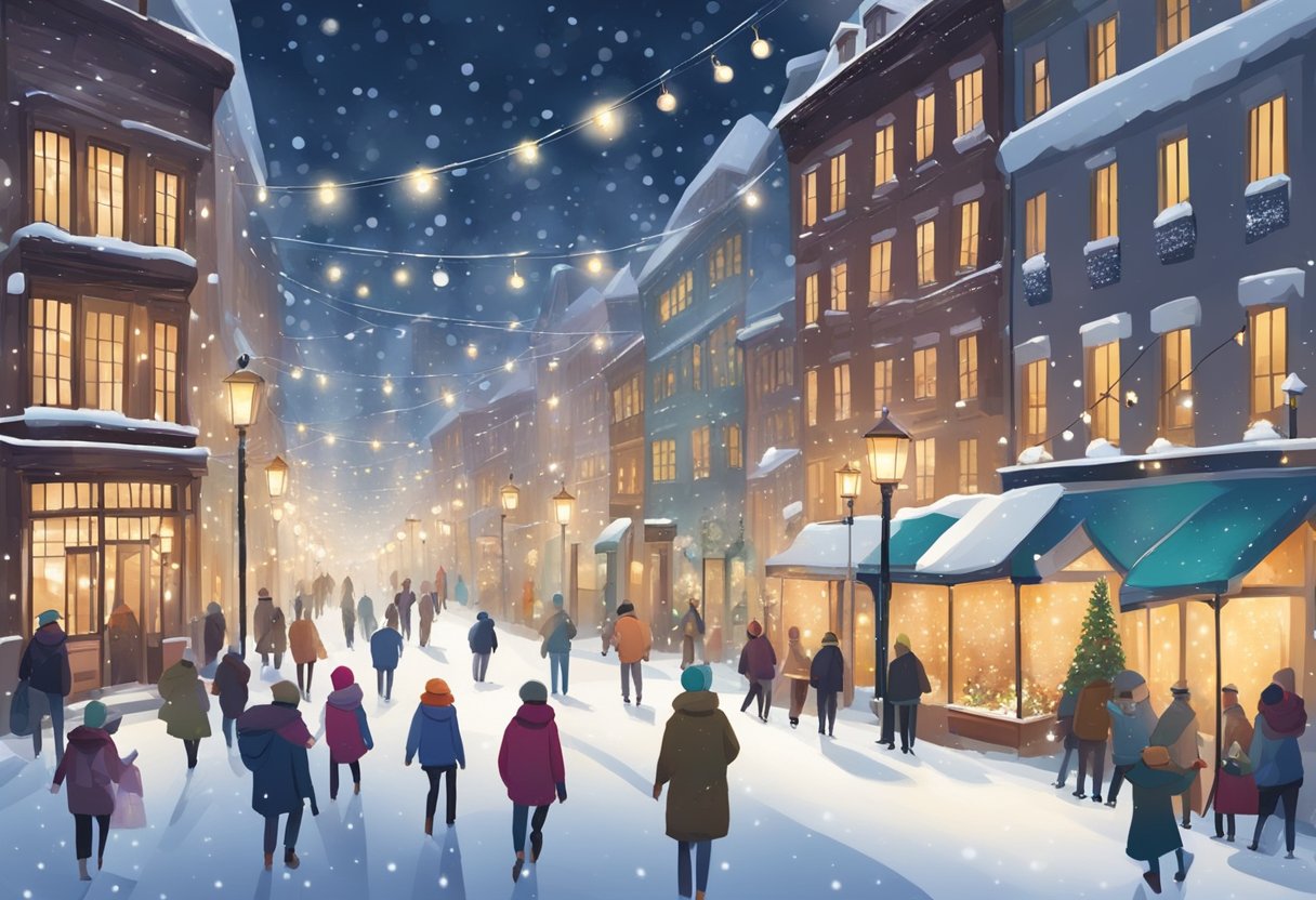 Snow-covered street with people in thick coats, scarves, and hats. Buildings adorned with festive lights