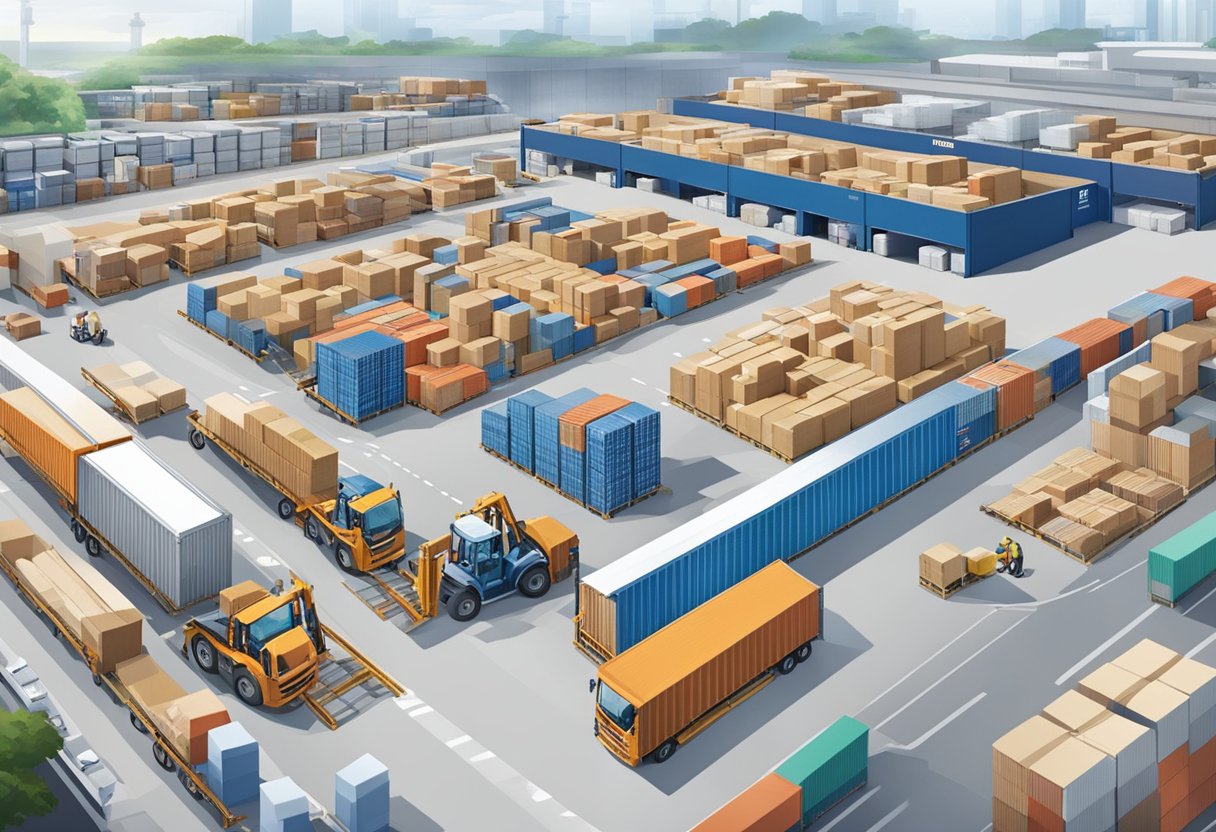 DB Schenker's Singapore operations: a bustling warehouse with forklifts moving cargo, workers sorting packages, and trucks loading and unloading shipments