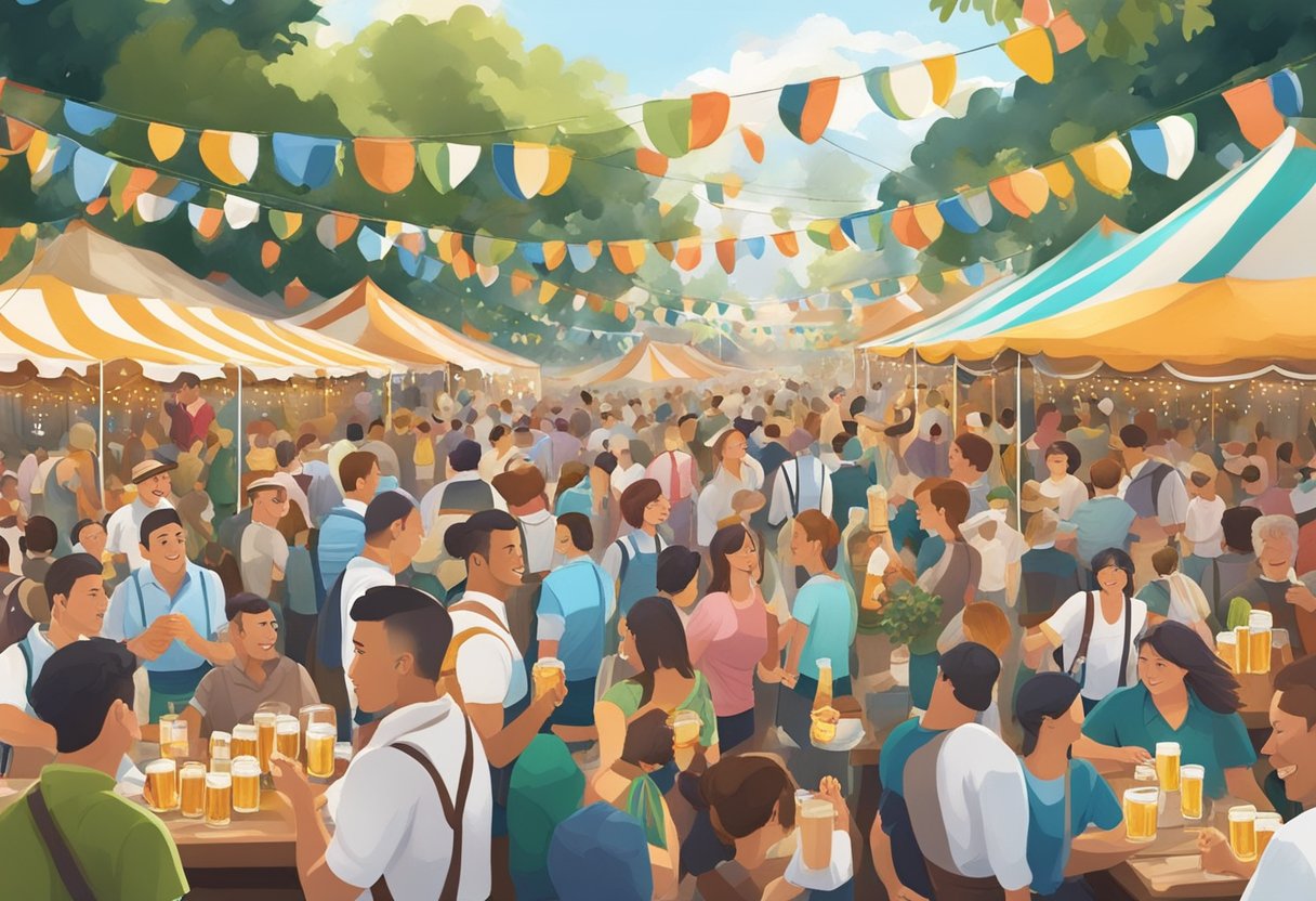 Crowded beer tents, traditional Bavarian music, and colorful decorations fill the lively Oktoberfest scene in Singapore