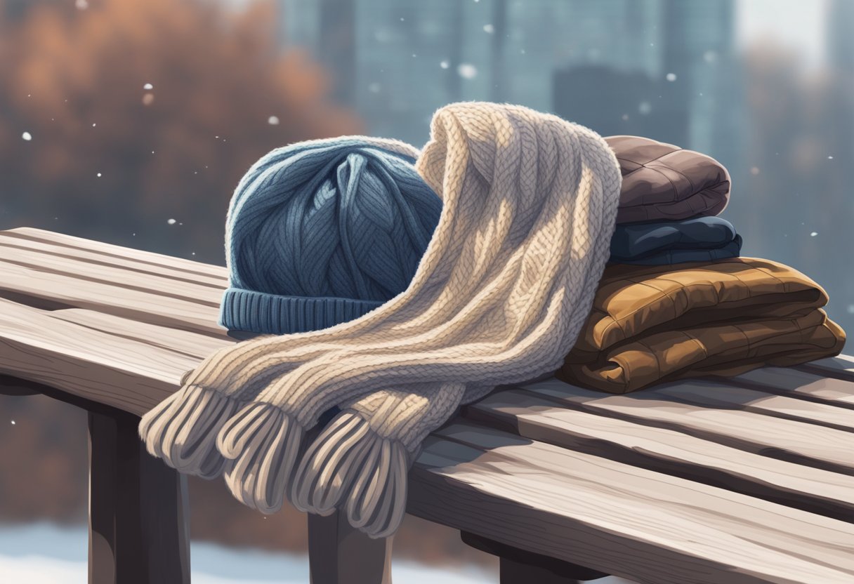 A cozy scarf, gloves, and a beanie lay on a bench, ready to be worn for Singapore's occasional chills