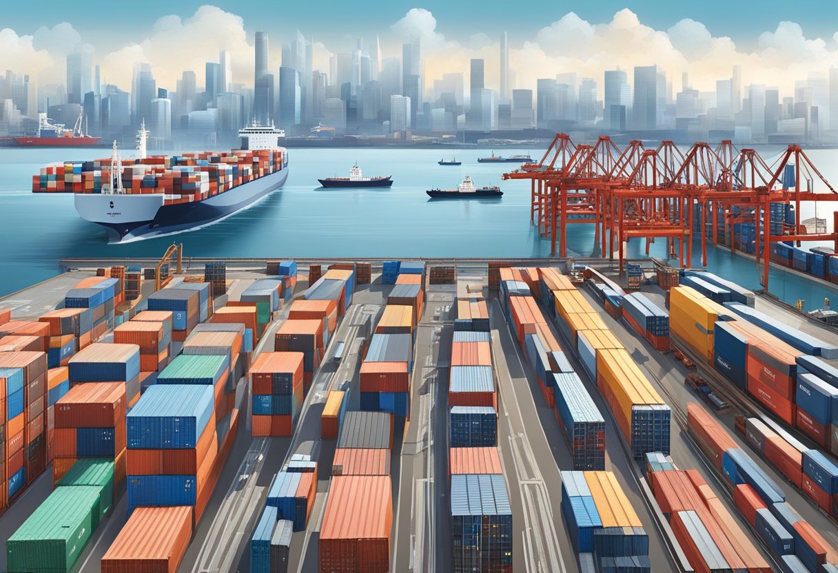 A bustling city skyline with cargo ships unloading at a busy port, while trucks and trains transport goods to and from a DB Schenker logistics center