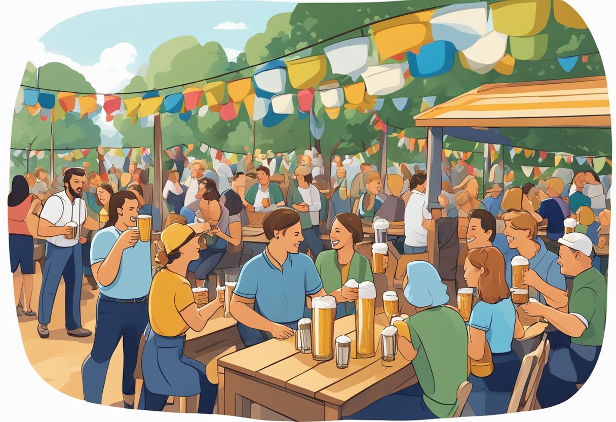 A bustling outdoor beer garden with people clinking steins, colorful banners, and traditional German music playing