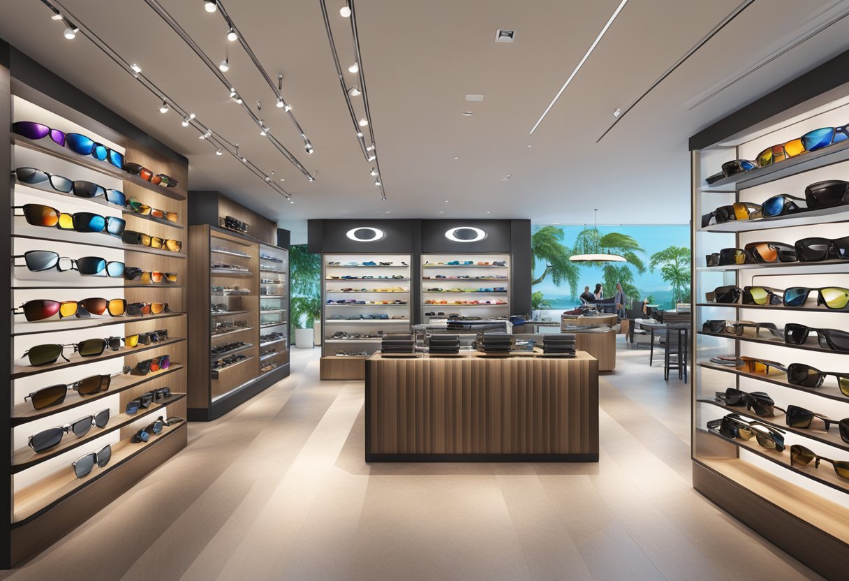 A bustling Oakley store in Singapore, with vibrant displays of sunglasses and accessories, and a sleek, modern interior design