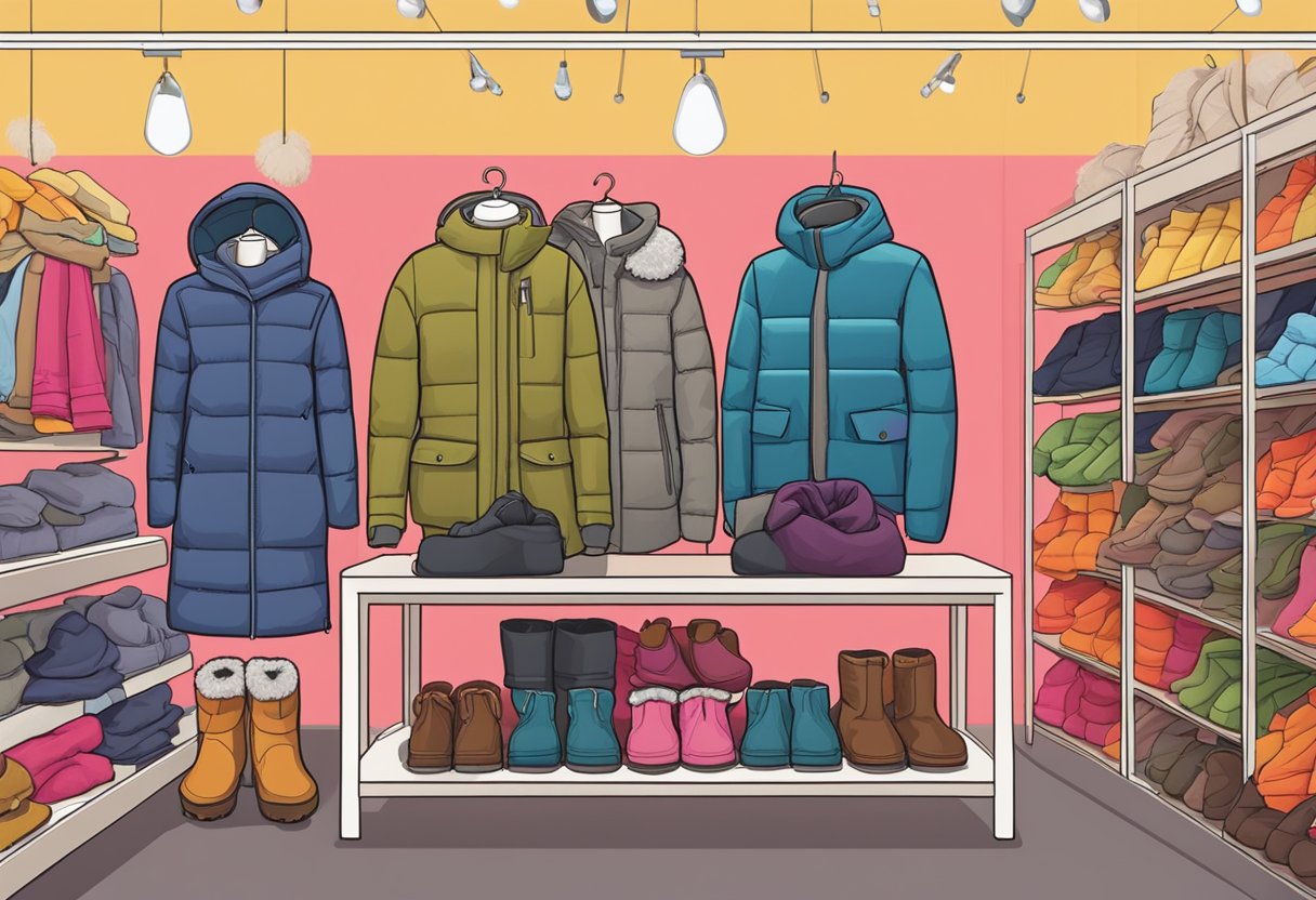 A display of winter jackets, scarves, and boots in a Singaporean store. Bright, colorful signage advertises the warm clothing options